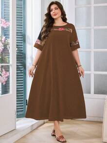 Lacomfia Plus Size Brown Floral Print Round Neck Short Sleeve Dress - Orange - View 4