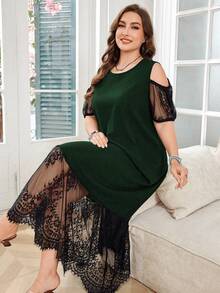 Lacomfia Vestido elegante de talla grande con encaje de contraste y hombros descubiertos, para verano - Verde - Ver 6