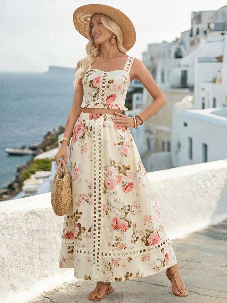 Breezaya Vacation Style Sexy Ruffle Hollow Out Camisole & A-Line Skirt 2-Piece Set For Women, Summer (Printed Asymmetrical ) Boho Summer 2 Piece Sets Woman Two Piece Set Summer Two Piece Sets Floral Two Piece Set Boho Two Piece Set - Apricot - View 3