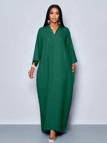 SOLERSUN 女士时尚V领宽松蝙蝠袖无腰带连衣裙，适合假日穿着，女士长款套装 - 墨綠色 - 查看 5
