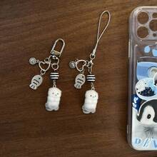 New Design Kawaii Beaded Sea Otter Flocked Phone Lanyard, Phone Charm, Phone Accessory, Bag Charm, Keychain Pendant - Black and White - View 4