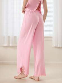Ocili 柔软舒适的棉质蕾丝边浅粉色抽绳裤脚睡裤（女士款） - 粉色 - 查看 3