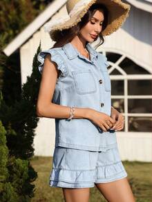 Breezaya Women's Summer Vacation Cap Sleeve Denim Shirt - Light Wash - View 5