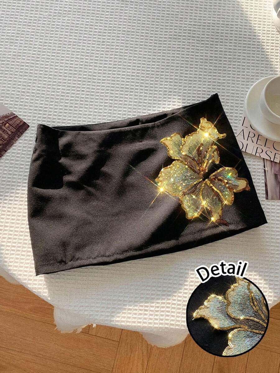 Comfortcana 女士休闲超低腰迷你裙，Y2K风格，珠绣 - 黑色 - 查看 1