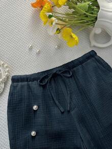 Elamini Pantalones casuales de verano para mujer de color blanco sólido, con cintura con cordón, bolsillos, de algodón puro, estilo cómodo y relajado, pantalones versátiles - Azul Marino - Ver 5