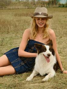 WESTFADE 女士西部刺绣露背系带无肩带迷你牛仔连衣裙 - 深色水洗藍 - 查看 4