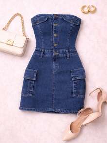 Mono enterizo de mezclilla con botones delanteros y bolsas de cargo - Azul jaspeado - Ver 3