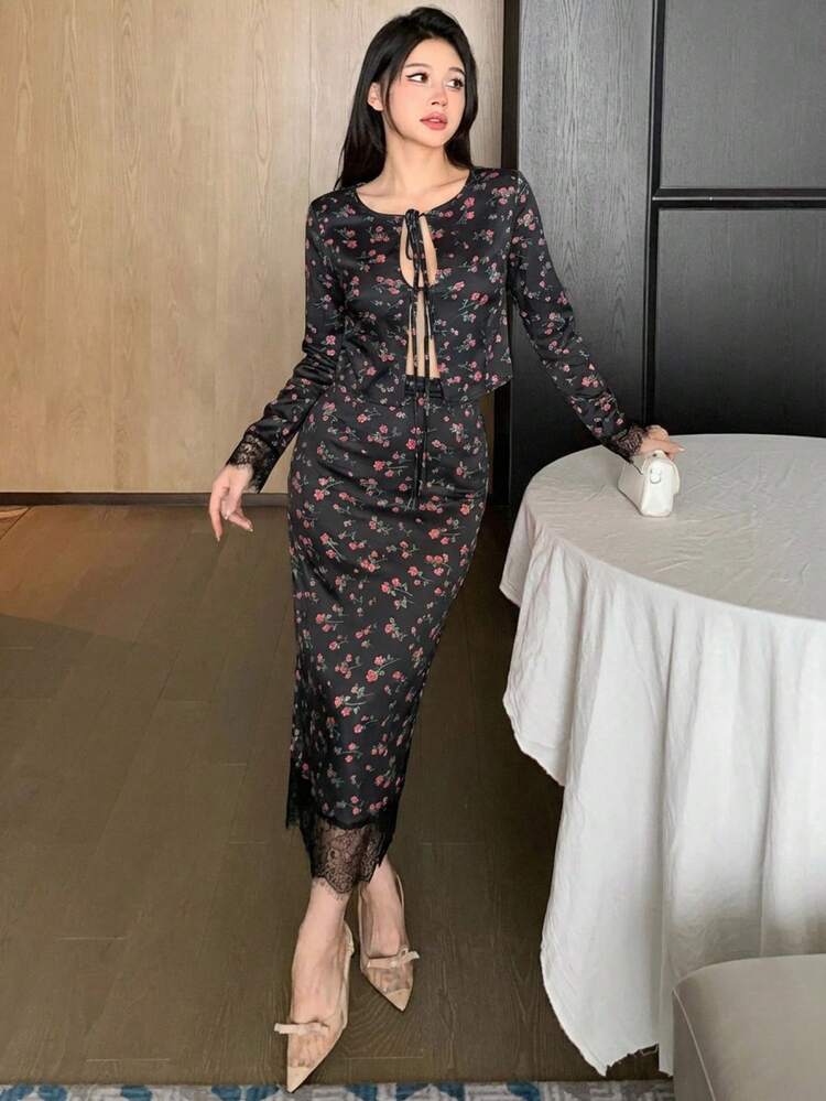 Spring & Summer Black Lace Ditsy Floral Tie Front Cardigan And Bodycon Skirt 2-Piece Set, Elegant For Vacation, Wedding, Casual Commute