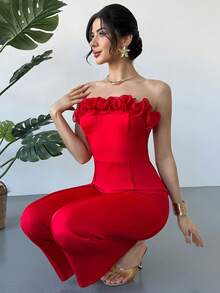 RiviMae Women's Elegant Ruffle Collar & Cuff Red Straight Leg Casual Jumpsuit - Red - View 5