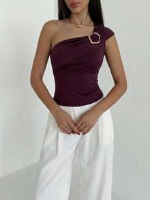 Aloruh 女士新款性感露肩紫红色上衣/性感短款上衣/度假上衣/可爱夏日上衣/优雅上衣 - 中紫紅色 - 查看 3