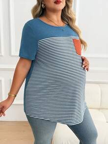 Plussiva Plus Size Maternity Striped Print Pocket Round Neck Short Sleeve Top Tshirts For Women Casual Tshirt Summer Tops Ladies New T Shirt Blouses - Multicolor - View 4