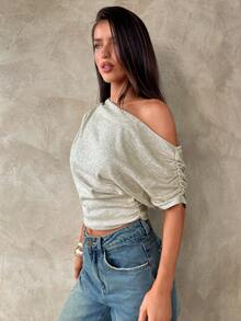 Aloruh 女士休闲不对称T恤，褶皱纯色T恤，适合日常、通勤和居家穿着，雪纺不对称袖子、不对称肩部设计、褶皱腰部，舒适柔软，春夏款 - 杏色 - 查看 13