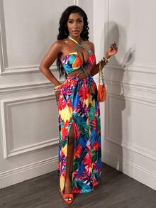 Glyssa Đầm nữ in hoa gợi cảm cổ yếm chéo lưng hở khoét eo thắt bèo nhún xẻ tà dáng ôm vừa vặn, thích hợp cho kỳ nghỉ biển. - Nhiều màu - Xem 3