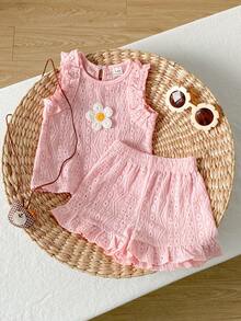 SHEIN Playful Pals Baby Girls' Cute Jacquard Camisole And Jacquard Shorts Set, Spring/Summer - Pink - View 8