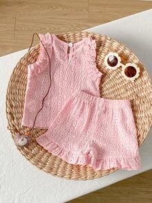 SHEIN Playful Pals Baby Girls' Cute Jacquard Camisole And Jacquard Shorts Set, Spring/Summer - Pink - View 2