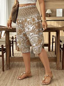 Weeklong Plus Size Women's Spring/Summer Vacation Loose Waist Buckle Design Printed Pants - Multicolor - View 1