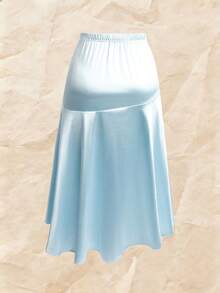 GlowEve CURVE Plus Size High Waist Asymmetrical Side Slit Satin-Like Pearlescent Skirt - Teal Blue - View 2
