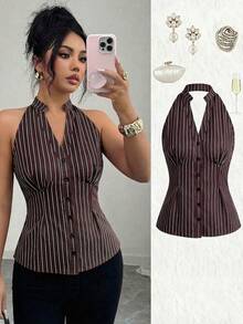 Elenzga Women's Striped Single-Breasted V-Neck Casual Halter Shirt - Coffee Brown - View 1