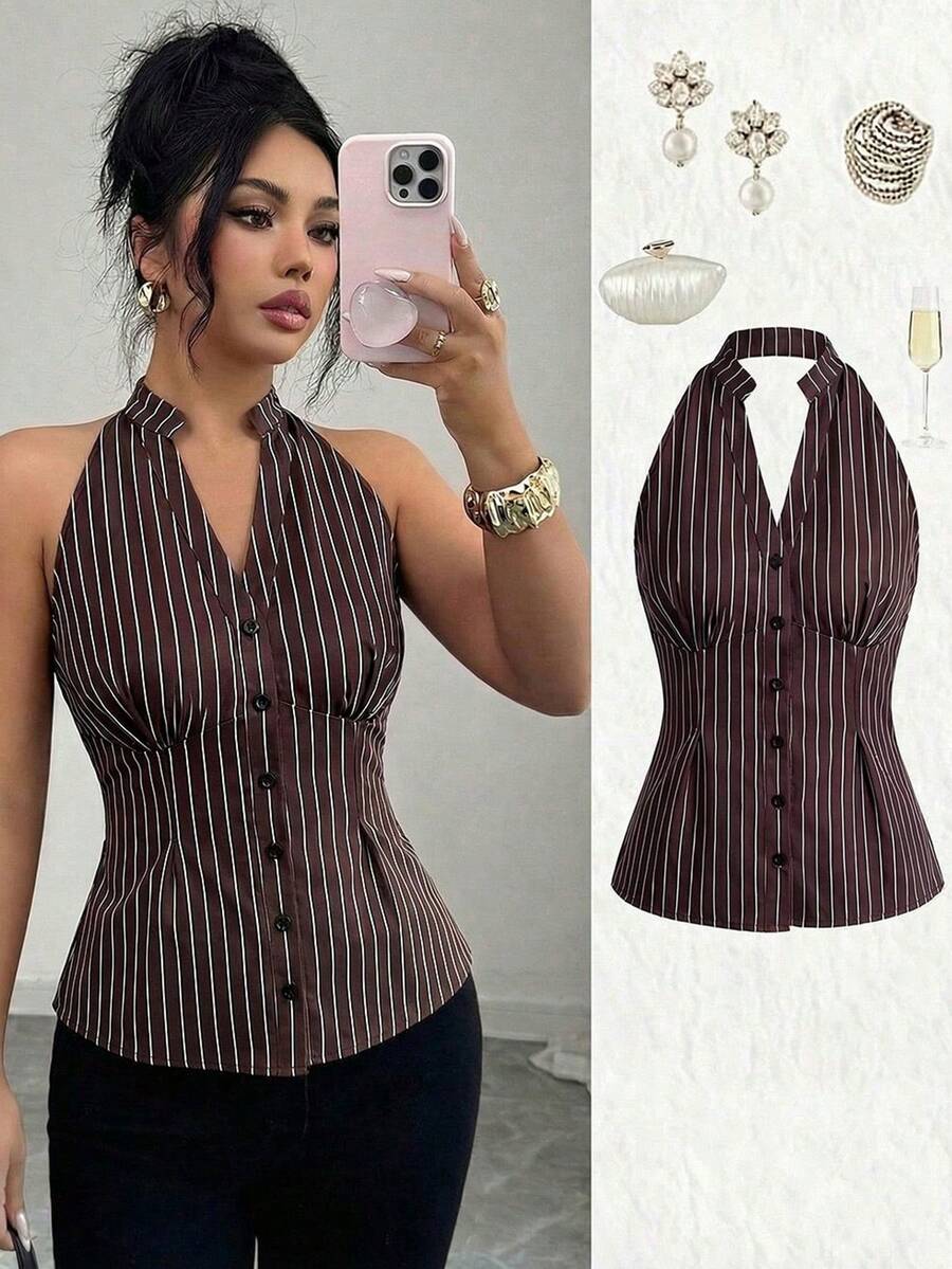Elenzga Women's Striped Single-Breasted V-Neck Casual Halter Shirt - Coffee Brown - View 1
