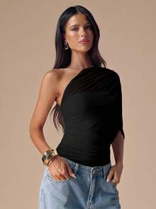 SHEIN BAE 秋冬季纯色杏色不对称肩部优雅连体衣，简约修身款，杏色薄纱裹身褶皱肩部连体衣 - 黑色 - 查看 5