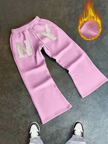 Manfinity Roghcode 男士休闲字母贴花抽绳腰带运动裤 - 粉色 - 查看 3