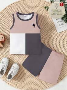 2pcs/Set Baby Boy Outfit, Fashionable Minimalist Polo Horse Logo Graphic & Colorblock Print Round Neck Vest With Colorblock Shorts, Suitable For Outings In Summer - Multicolor - View 4