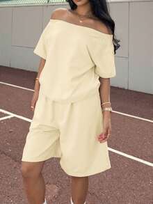 SHEIN EZwear 杏色针织女式单肩卫衣短裤套装 奶油黄两件套 舒适两件套 两件短裤套装 女式两件套 女式加大码夏季舒适两件套 女式度假套装 女式夏季两件套 女式夏季套装 女式两件套 女式休闲两件套 - 杏色 - 查看 3