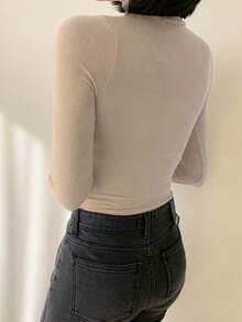 DAZY 女士长袖立领T恤，秋季女装立领女装 - 杏色 - 查看 2