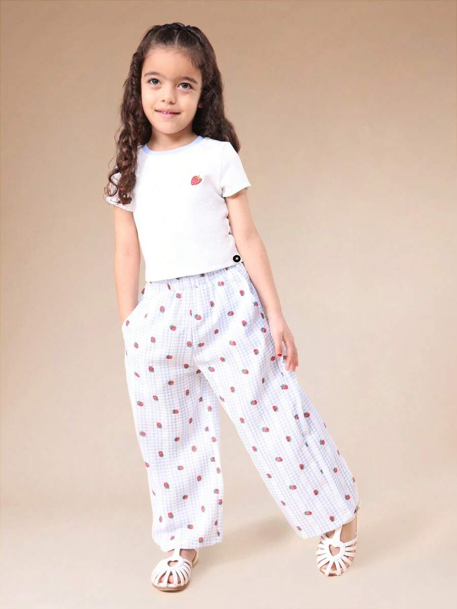 Girls Strawberry Print Set Short Sleeve Tee And Wide Leg Palazzo Pants Summer   Coord Outfit - White - View 1