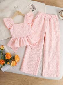 SHEIN 2 piezas Conjunto informal de camisa y pantalones con recorte de volantes y patchwork para niñas preadolescentes - Rosa Pálido - Ver 8