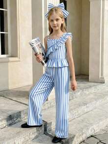SHEIN Sparklyn Tween Girls' Summer Casual Striped Ruffle Trim Tank Top And Pants Set - Blue - View 4