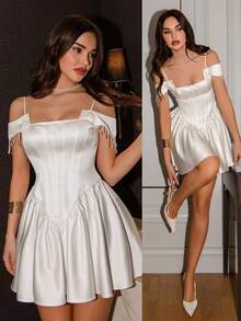 Poshira Vestido de bola elegante con diseño de flecos con pedrería de unicolor y hombros descubiertos (muy adornado) para mujer - Blanco - Ver 1
