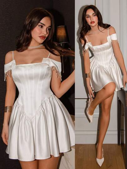 Poshira 女性用 無地 ラインストーン タッセル デザイン オフショルダー エレガントボールガウンドレス (豪華な装飾)