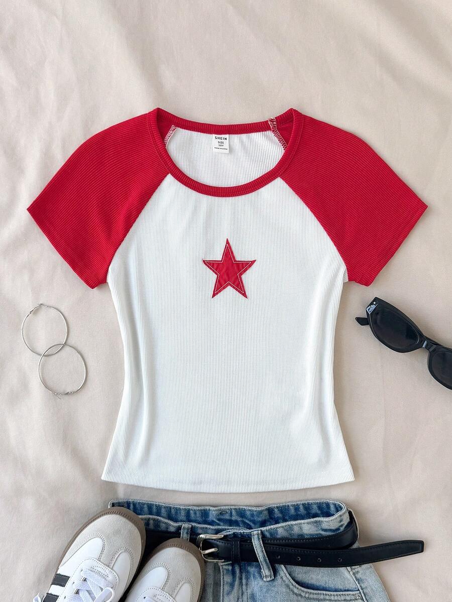 SHEIN Tween Girl Casual Minimalist Comfortable Crew Neck Patchwork Contrast Color Star Pattern T-Shirt Tween Girl - Red and White - View 1
