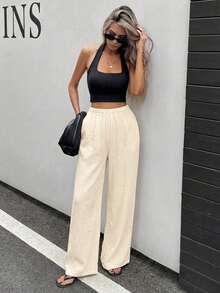 Siren Gaze 女士休闲直筒棉质长裤，春夏百搭 - 杏色 - 查看 3