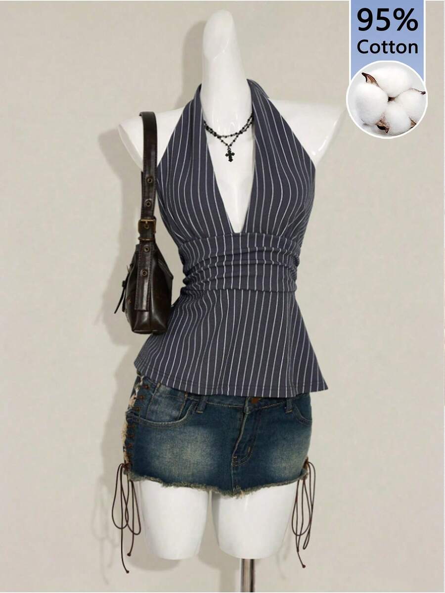 SHEIN ICON 95%纯棉女士露背吊带深V领褶皱A字型吊带背心,Y2K风格,度假装扮,沙滩装扮,锐舞装扮,夏威夷装扮,海岛度假装扮,春夏装扮,性感可爱椰子女孩,波西米亚风,音乐节,海岛女孩复古风,海滨度假,浪漫,度假氛围 - 彩色 - 查看 1