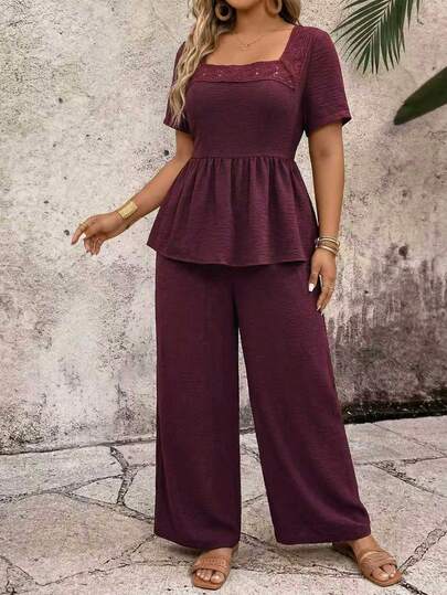 Breezaya Plus Size 2 Pieces Set, Square Neck Ruffle Blouse And Casual Straight Wide Leg Pants, Linen-Like Fabric, Retro Minimalist, Countryside Casual