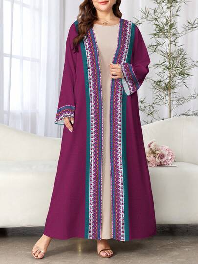 SHEIN Najma Đầm cỡ lớn in họa tiết hoa hình học dành cho nữ, áo choàng maxi kiểu Ả Rập thanh lịch, áo khoác cardigan dài tay thời trang, trang phục châu Á.