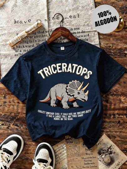 Playera niño dinosaurio camiseta de manga corta para niño pequeño, con parte superior estampada con dinosaurio de dibujos animados, estilo de moda respirable de verano. Ideal para uso diario, urbano, playera de algodón top de niño. Triceratops Stegosaurio