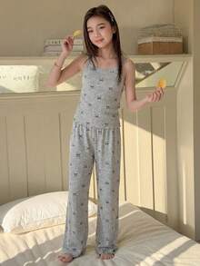 DAZY 少女蝴蝶印花长袖纽扣上衣、吊带背心和裤子睡衣套装 - 灰色 - 查看 5