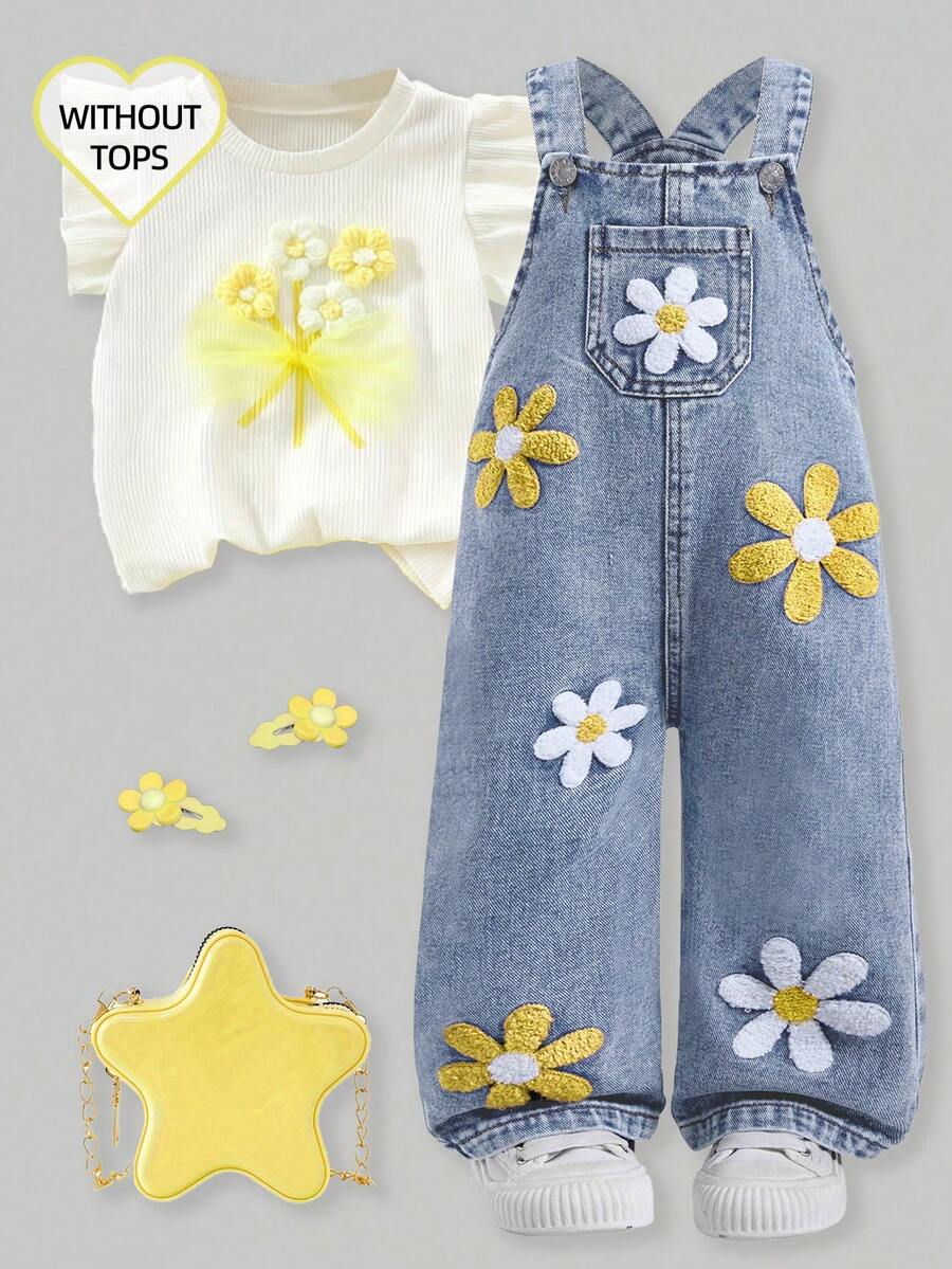 SHEIN Baby Girls' Denim Cute Overalls, Embroidered Detailed Craftsmanship, Suitable For Baby Girls All Seasons - Light Wash - View 1