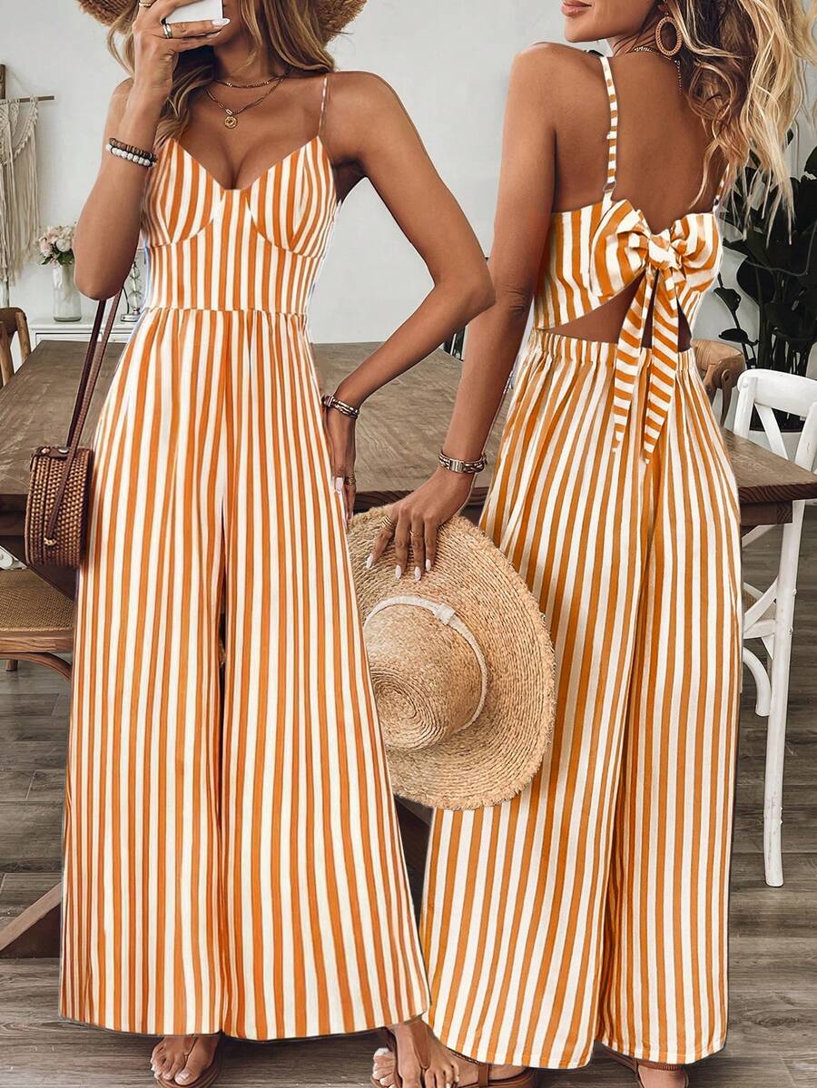 Breezaya Women's Casual Floral Print Loose Jumpsuit With Spaghetti Straps And Open Back, Spring/Summer - Orange - View 1