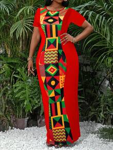 SHEIN Lady Đầm nữ cổ tròn tay ngắn ôm dáng, họa tiết hình học. - Nhiều màu - Xem 3