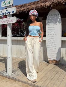 Muchica Quần ống rộng dáng suông thắt nút, chất liệu dệt màu mơ dành cho nữ. - Màu be - Xem 3