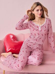 Bonmuse Women's Knitted Jacquard Heart Print Lace Trim Square Neck Collar Long Sleeve Pajama Set - Multicolor - View 5