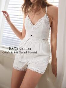 Ocili Women's Lace Halter Backless Ruffle Top And Shorts Casual Sleepwear Set - Apricot - View 1