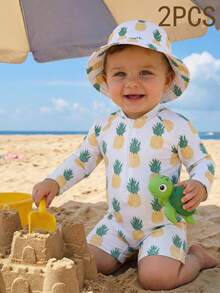 SHEIN 2pcs/Set Lemon Print Unisex Baby Swimsuit With Sun Hat, Summer Beach/Pool Vacation Outfit - Multicolor - View 4