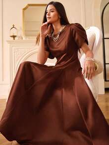 Aveloria Rosie European And American Elegant High-End Satin Material Tulip Sleeve Round Neck Asymmetric Hem Design Women Long Dress - Coffee - View 7