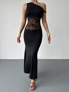 RiviMae 女士不对称领性感蕾丝拼接修身鱼尾连衣裙/黑色连衣裙/女士夏季连衣裙 - 黑色 - 查看 3