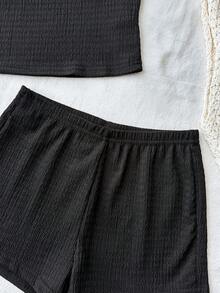 Bộ 2 món dành cho thiếu nữ, gồm áo thun dệt kim kẻ sọc lệch vai và quần short skinny cạp siêu thấp, thích hợp cho các dịp lễ, tiệc tùng, Giáng sinh, Ngày Valentine, hẹn hò, đi biển, du thuyền, lễ hội hóa trang, lễ Phục sinh. - màu đen - Xem 4